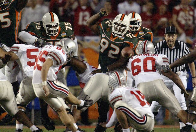 TEMPE, ARIZONA - JANUARY 3:  Kicker Mike Nugent #85 of Ohio State Buckeyes kicks a 44 yard field goal against the University of Miami Hurricanes during the Tostitos Fiesta Bowl at Sun Devil Stadium on January 3, 2003 in Tempe, Arizona.  Ohio State won the