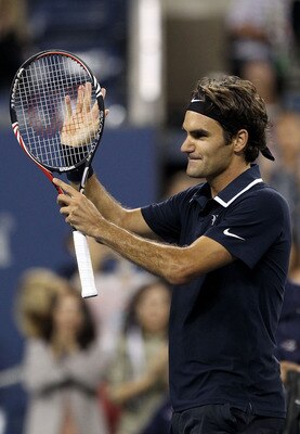 NEW YORK - SEPTEMBER 06:  Roger Federer of Switzerland celebrates after he won his match against Jurgen Melzer of Austria during day eight of the 2010 U.S. Open at the USTA Billie Jean King National Tennis Center on September 6, 2010 in the Flushing neigh