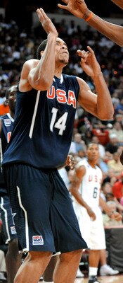 LAS VEGAS - JULY 24:  Kevin Durant #5 of the 2010 USA Basketball Men's National Team drives against JaVale McGee #14 of the 2010 USA Basketball Men's National Team during a USA Basketball showcase at the Thomas & Mack Center on July 24, 2010 in Las Vegas,