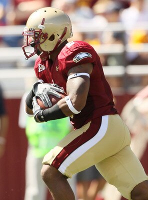 CHESTNUT HILL, MA - SEPTEMBER 04:  Montel Harris #2 of the Boston College Eagles carries the ball in the first quarter against the Weber State Wildcats on September 4, 2010 at Alumni Stadium in Chestnut Hill, Massachusetts.  (Photo by Elsa/Getty Images)