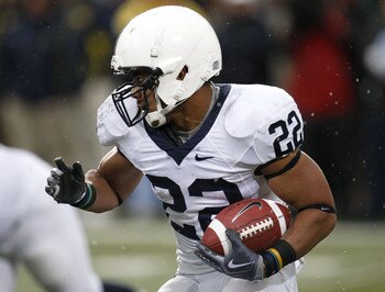 ANN ARBOR, MI - OCTOBER 24:  Evan Royster #22 of the Penn State Nittany Lions points looks for running room during a thrid quarter run while playing the Michigan Wolverines on October 24, 2009 at Michigan Stadium in Ann Arbor, Michigan. Penn State won the