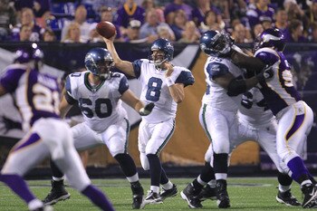 MINNEAPOLIS - AUGUST 28:  Matt Hasselbeck #8 of the Seattle Seahawks throws a pass against the Minnesota Vikings during a preseason NFL game at Mall of America Field at the Hubert H. Humphrey Metrodome on August 28, 2010  in Minneapolis, Minnesota.  (Phot