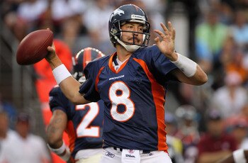 DENVER - AUGUST 29:  Quarterback Kyle Orton #8 of the Denver Broncos delivers a pass against the Pittsburgh Steelers during preseason NFL action at INVESCO Field at Mile High on August 29, 2010 in Denver, Colorado.  (Photo by Doug Pensinger/Getty Images)