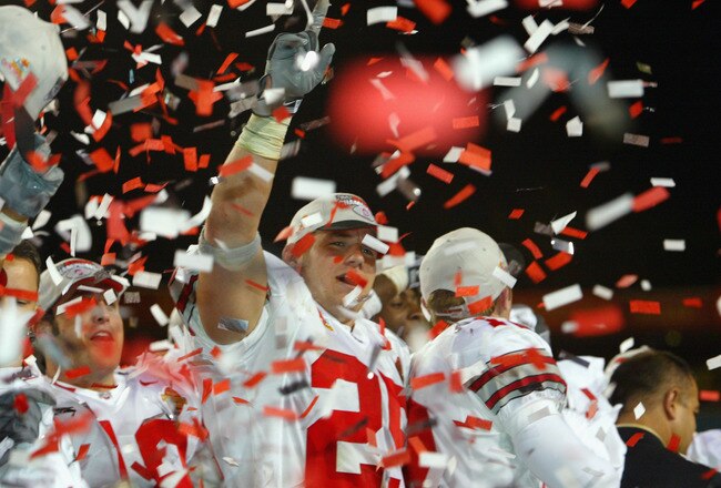 TEMPE, AZ - JANUARY 3:  Free Safety Donnie Nickey #25 of the Ohio State Buckeyes celebrates after defeating the Miami Hurricanes in the Tostitos Fiesta Bowl on January 3, 2003 at Sun Devil Stadium in Tempe, Arizona.  Ohio State won the game 31-24 in doubl