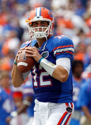 GAINESVILLE, FL - SEPTEMBER 04:  Quarterback John Brantley #12 of the Florida Gators attempts a pass prior to the game against the Miami University RedHawks at Ben Hill Griffin Stadium on September 4, 2010 in Gainesville, Florida.  (Photo by Sam Greenwood