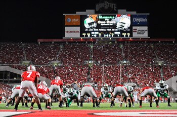 COLUMBUS, OH - SEPTEMBER 2: The Ohio State Buckeyes play the Marshall Thundering Herd at Ohio Stadium on September 2, 2010 in Columbus, Ohio. (Photo by Jamie Sabau/Getty Images)