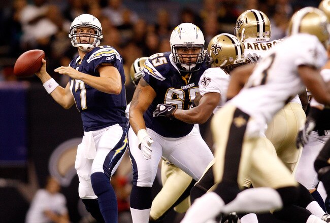 NEW ORLEANS - AUGUST 27:  Philip Rivers #17 of the San Diego Chargers in action against the New Orleans Saints at the Louisiana Superdome on August 27, 2010 in New Orleans, Louisiana.  (Photo by Chris Graythen/Getty Images)