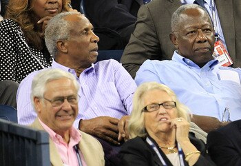 NEW YORK - SEPTEMBER 07:  (L-R) Hall of Famers Frank Robinson and Hank Aaron attend the women's singles match between Samantha Stosur of Australia and Kim Clijsters of Belgium during day nine of the 2010 U.S. Open at the USTA Billie Jean King National Ten