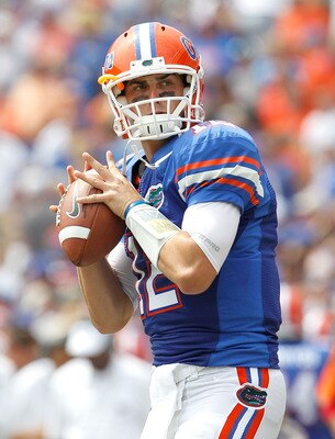GAINESVILLE, FL - SEPTEMBER 04:  Quarterback John Brantley #12 of the Florida Gators attempts a pass prior to the game against the Miami University RedHawks at Ben Hill Griffin Stadium on September 4, 2010 in Gainesville, Florida.  (Photo by Sam Greenwood