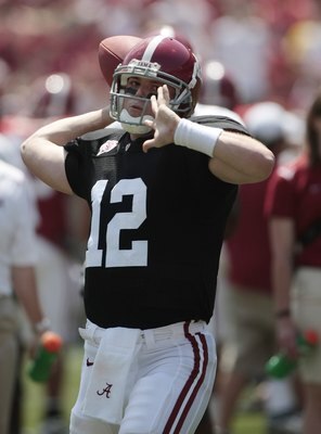 TUSCALOOSA, AL - APRIL 17: Quarterback Greg McElroy (12) of the University of Alabama throws prior to the start of the Alabama spring game at Bryant Denny Stadium on April 17, 2010 in Tuscaloosa, Alabama. (Photo by Dave Martin/Getty Images)