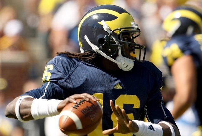 ANN ARBOR, MI - SEPTEMBER 19:  Quarterback Denard Robinson #16 of the Michigan Wolverines throws a pass against the Eastern Michigan Eagles at Michigan Stadium on September 19, 2009 in Ann Arbor, Michigan.  Michigan won 45-17.  (Photo by Stephen Dunn/Gett