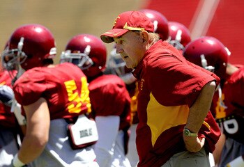 LOS ANGELES, CA - MAY 01:  Assistant head coach Monte Kiffin on the sidelines during the  USC Trojans spring game on  May 1, 2010 at the Los Angeles Memorial Coliseum in Los Angeles, California.  (Photo by Stephen Dunn/Getty Images)