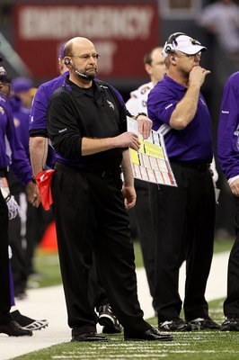 NEW ORLEANS - JANUARY 24:  Head coach Brad Childress of the Minnesota Vikings coaches against the New Orleans Saints during the NFC Championship Game at the Louisiana Superdome on January 24, 2010 in New Orleans, Louisiana. The Saints won 31-28 in overtim