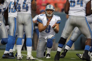 DENVER - AUGUST 21:  Quarterback Matthew Stafford #9 of the Detroit Lions runs the huddle against the Denver Broncos during preseason NFL action at INVESCO Field at Mile High on August 21, 2010 in Denver, Colorado. The Lions defeated the Broncos 25-20.  (