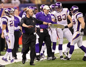 NEW ORLEANS - JANUARY 24:  Head coach Brad Childress of the Minnesota Vikings reacts to a play from the sidelines on against the New Orleans Saints during the NFC Championship Game at the Louisana Superdome on January 24, 2010 in New Orleans, Louisiana.  