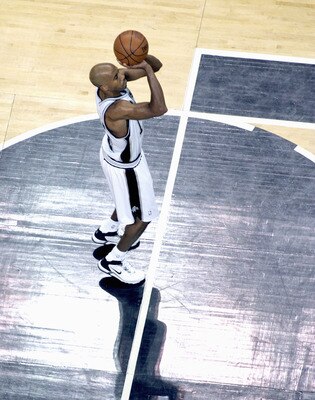 SAN ANTONIO - JUNE 12:  Bruce Bowen #12 of the San Antonio Spurs shoots a free throw in Game two of the 2005 NBA Finals with the Detroit Pistons at SBC Center on June 12, 2005 in San Antonio, Texas.  NOTE TO USER: User expressly acknowledges and agrees th