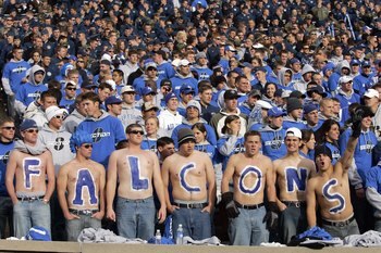 AIR FORCE ACADEMY, CO - NOVEMBER 11: Fans of the Air Force Falcons cheer in the stands during the game against the Notre Dame Fighting Irish on November 11, 2006 at Falcon Stadium on the Air Force Academy near Colorado Springs, Colorado.  (Photo by Brian