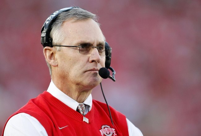 PASADENA, CA - JANUARY 01:  Head coach Jim Tressel of the Ohio State Buckeyes is seen during the 96th Rose Bowl game against the Oregon Ducks on January 1, 2010 in Pasadena, California.  (Photo by Jeff Gross/Getty Images)