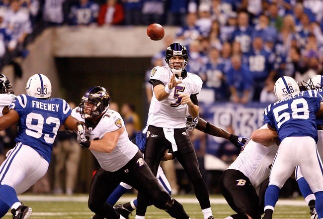 INDIANAPOLIS - JANUARY 16:  Quarterback Joe Flacco #5 of the Baltimore Ravens throws the ball against the Indianapolis Colts in the AFC Divisional Playoff Game at Lucas Oli Stadium on January 16, 2010 in Indianapolis, Indiana.  (Photo by Andy Lyons/Getty 