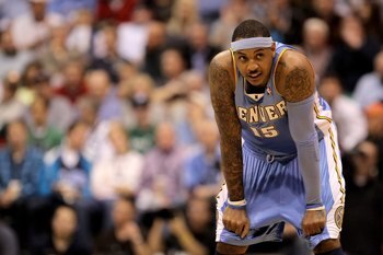 SALT LAKE CITY - APRIL 30:  Carmelo Anthony #15 of the Denver Nuggets stands on the court during their game against the Utah Jazz in Game Six of the Western Conference Quarterfinals of the 2010 NBA Playoffs at EnergySolutions Arena on April 30, 2010 in Sa