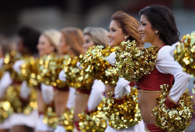 SAN FRANCISCO - SEPTEMBER 02:  The San Francisco 49ers' Gold Rush cheerleaders cheer during their game against the San Diego Chargers at Candlestick Park  on September 2, 2010 in San Francisco, California.  (Photo by Ezra Shaw/Getty Images)