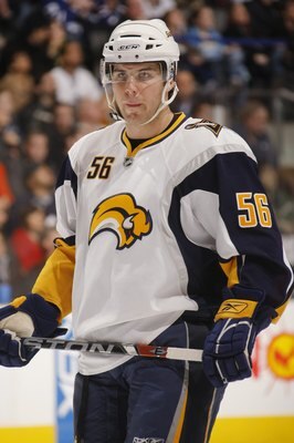 TORONTO - MARCH 15:  Steve Bernier #56 of the Buffalo Sabres looks on against the Toronto Maple Leafs during their NHL game at the Air Canada Centre on March 15, 2008 in Toronto, Ontario, Canada.  (Photo By Dave Sandford/Getty Images)