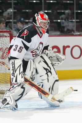 OTTAWA, ON - NOVEMBER 12:  Goalie Mika Noronen #35 of the Buffalo Sabres protects the net from the Ottawa Senators during the game at the Corel Centre in Ottawa, Ontario, on November 12, 2005.  The Sabres won 6-1.  (Photo by Phillip MacCallum/Getty Images
