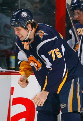BUFFALO, NY - JANUARY:  Andrew Peters #76 of the Buffalo Sabres reacts after allegedly being bitten by an Ottawa Senators player during their NHL game on January 6, 2009 at HSBC Arena in Buffalo, New York. The Sabres defeated the Senators 4-2. (Photo by R