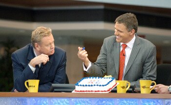 Woody Paige and Jay Crawford during a broadcast of ESPN's Cold Pizza from the Super Bowl XL Media Center at the Renaissance Center in Detroit, Michigan on January 30, 2006.  (Photo by Al Messerschmidt/Getty Images)