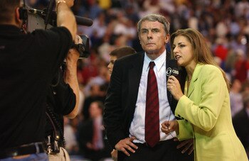 ATLANTA - MARCH 30:  Bonnie Bernstein of CBS Sports interviews head coach Gary Williams of the Maryland Terrapins during the semifinal round of the NCAA Men's Final Four against the Kansas Jayhawks on March 30, 2002 at the Georgia Dome in Atlanta, Georgia