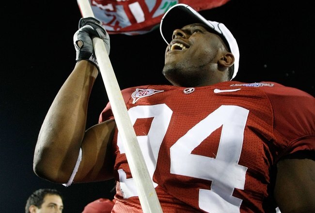 PASADENA, CA - JANUARY 07:  Jeremy Shelley #94 of the Alabama Crimson Tide celebrates after winning the Citi BCS National Championship game over the Texas Longhorns at the Rose Bowl on January 7, 2010 in Pasadena, California. The Crimson Tide defeated the