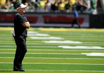 EUGENE, OR - SEPTEMBER 04:  Head coach Chip Kelly of the Oregon Ducks looks out at the action on the field in the second quarter of the game against the New Mexico Lobos at Autzen Stadium on September 4, 2010 in Eugene, Oregon. Oregon won the game 72-0. (