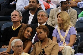 NEW YORK - SEPTEMBER 13:  Tony Bennett (C) and wife Susan Crow (R) look on during the men's singles final match between Novak Djokovic of Serbia and Rafael Nadal of Spain during day fifteen of the 2010 U.S. Open at the USTA Billie Jean King National Tenni