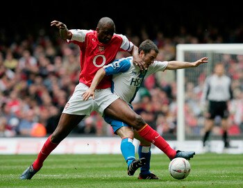 CARDIFF, UNITED KINGDOM - APRIL 16:  Patrick Vieira of Arsenal battles with David Thompson of Blackburn during the FA Cup Semi-Final match between Arsenal and Blackburn Rovers at the Millennium Stadium on April 16, 2005 in Cardiff, Wales.  (Photo by Shaun