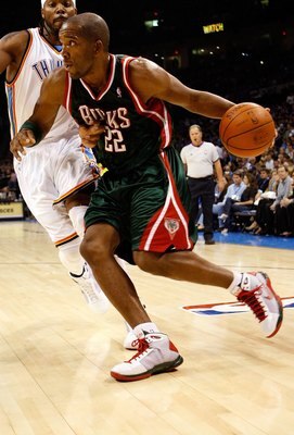 OKLAHOMA CITY - OCTOBER 29:  Michael Redd #22 of the Milwaukee Bucks drives to the basket past Chris Wilcox #54 of the Oklahoma City Thunder at the Ford Center on October 29, 2008 in Oklahoma City, Oklahoma. The Bucks won 98-87.  NOTE TO USER: User expres
