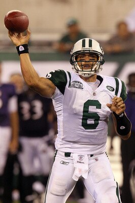 EAST RUTHERFORD, NJ - SEPTEMBER 13:  Mark Sanchez #6 of the New York Jets throws a pass against the Baltimore Ravens during their home opener at the New Meadowlands Stadium on September 13, 2010 in East Rutherford, New Jersey.  (Photo by Jim McIsaac/Getty