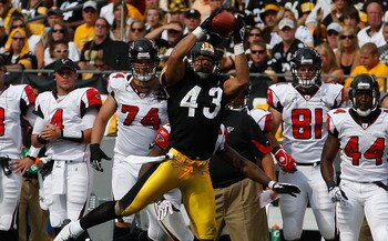 PITTSBURGH - SEPTEMBER 12:  Troy Polamalu #43 of the Pittsburgh Steelers catches an interception thrown by Matt Ryan #2 of the Atlanta Falcons during the NFL season opener game on September 12, 2010 at Heinz Field in Pittsburgh, Pennsylvania.  (Photo by J