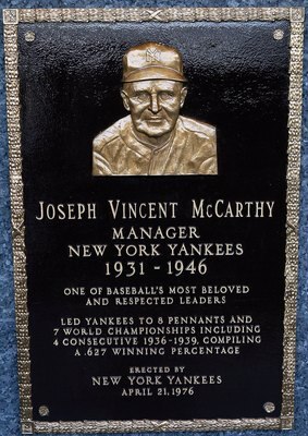 NEW YORK - MAY 02:  The plaque of Joe McCarthy is seen in Monument Park at Yankee Stadium prior to the game between the New York Yankees and the Chicago White Sox on May 2, 2010 in the Bronx borough of New York City. The Yankees defeated the White Sox 12-