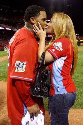 ST LOUIS, MO - JULY 13:  National League All-Star Prince Fielder of the Milwaukee Brewers gets a kiss from a loved one after winning the State Farm Home Run Derby at Busch Stadium on July 13, 2009 in St. Louis, Missouri.  (Photo by Jamie Squire/Getty Imag
