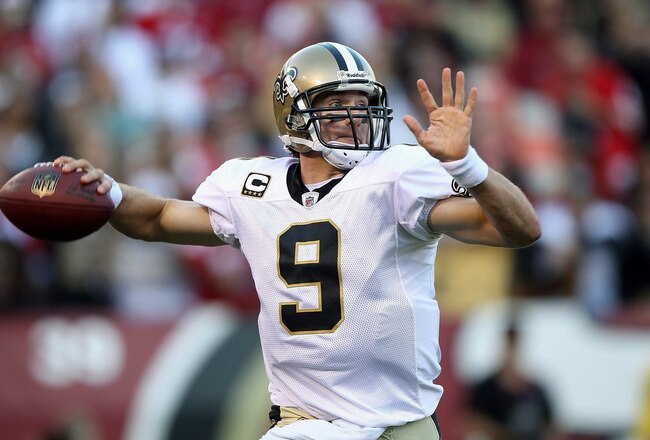 SAN FRANCISCO - SEPTEMBER 20:  Drew Brees #9 of the New Orleans Saints passes against the San Francisco 49ers during an NFL game at Candlestick Park on September 20, 2010 in San Francisco, California.  (Photo by Jed Jacobsohn/Getty Images)