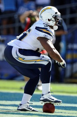 SAN DIEGO - SEPTEMBER 19:  Mike Tolbert #35 of the San Diego Chargers celebrates his second touchdown in the game against  the Jacksonville Jaguars during the fourth quarter at Qualcomm Stadium on September 19, 2010 in San Diego, California. The Chargers