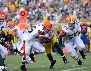 GREEN BAY - AUGUST 14: Jerome Harrison #35 of the Cleveland Browns scores a first quarter touchdown during the NFL preseason game against the Green Bay Packers at Lambeau Field August 14, 2010 in Green Bay, Wisconsin.  (Photo by Tom Dahlin/Getty Images)