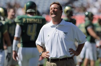 DENVER - SEPTEMBER 04:  Head coach Steve Fairchild of the Colorado State Rams reacts after talking to quarterback Pete Thomas #4 as they face the Colorado Buffaloes in the Rocky Mountain Showdown at INVESCO Field at Mile High on September 4, 2010 in Denve
