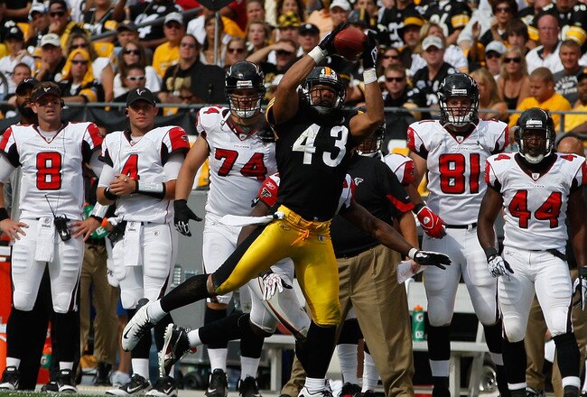 PITTSBURGH - SEPTEMBER 12:  Troy Polamalu #43 of the Pittsburgh Steelers catches an interception thrown by Matt Ryan #2 of the Atlanta Falcons during the NFL season opener game on September 12, 2010 at Heinz Field in Pittsburgh, Pennsylvania.  (Photo by J