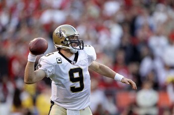 SAN FRANCISCO - SEPTEMBER 20:  Drew Brees #9 of the New Orleans Saints in action during their game against the San Francisco 49ers at Candlestick Park on September 20, 2010 in San Francisco, California.  (Photo by Ezra Shaw/Getty Images)