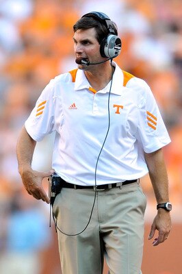 KNOXVILLE, TN - SEPTEMBER 18:  Coach Derek Dooley of the Tennessee Volunteers watches his team in action against the Florida Gators  at Neyland Stadium on September 18, 2010 in Knoxville, Tennessee. Florida won 31-17.  (Photo by Grant Halverson/Getty Imag
