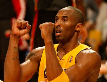 LOS ANGELES, CA - DECEMBER 04:  Kobe Bryant #24 of the Los Angeles Lakers celebrates after making a basket and being fouled in the process against the Miami Heat in the fourth quarter at Staples Center on December 4, 2009 in Los Angeles, California. The L