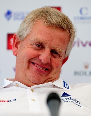 PARIS - SEPTEMBER 22:  Ryder Cup captain Colin Montgomerie of Scotland addresses members of the media during a press conference prior to the pro - am for the Vivendi cup at Golf de Joyenval on September 22, 2010 in Paris, France.  (Photo by Stuart Frankli