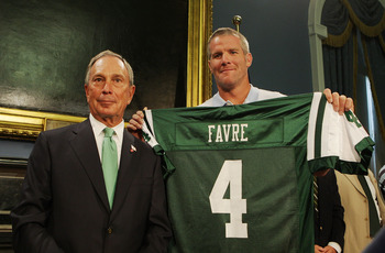 NEW YORK - AUGUST 08: New York City Mayor Michael Bloomberg and Brett Favre pose for a photo during a press conference to Welcome Brett Favre to New York at City Hall on August 8, 2008 in New York City. Favre was traded to the New York Jets from the Green