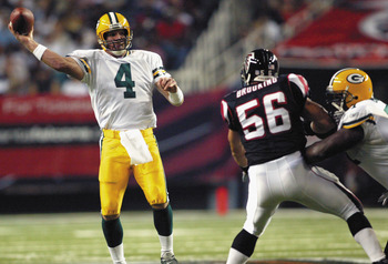 ATLANTA - AUGUST 9:  Brett Favre #4 of the Green Bay Packers passes against the Atlanta Falcons on August 9, 2003 at the Georgia Dome in Atlanta, Georgia.  The Packers defeated the Falcons 27-21.  (Photo by Jamie Squire/Getty Images)